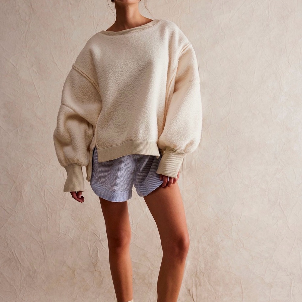 Free People Cream and Tan Cozy Fleece Sweatshirt